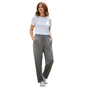 Susan Graver Women Liquid Knit Straight Leg Gray Pants Elastic Waits Size Large